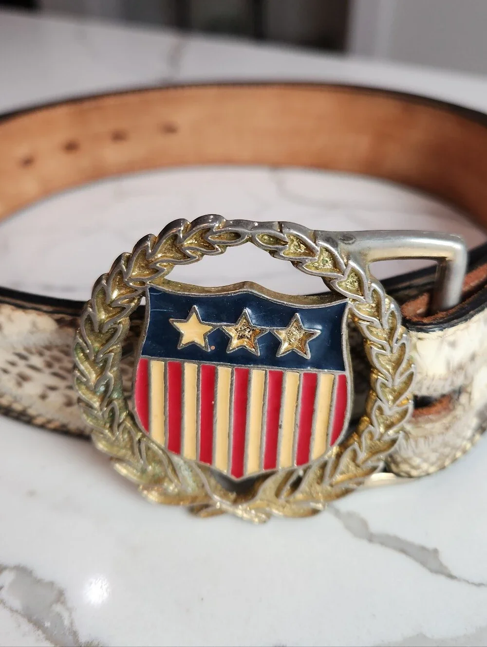 Vintage Snakeskin Western Belt with Patriotic Buckle